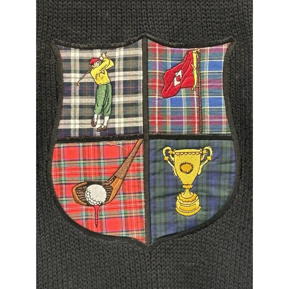 Vtg Hathaway Golf Sweater Sz Large Black Crest Oversized 90's Grandpa Crew Neck